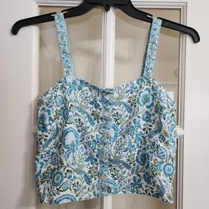 Rachel Zoe 100% Linen Blue Floral Button-Front Crop Top Smocked Back Size M